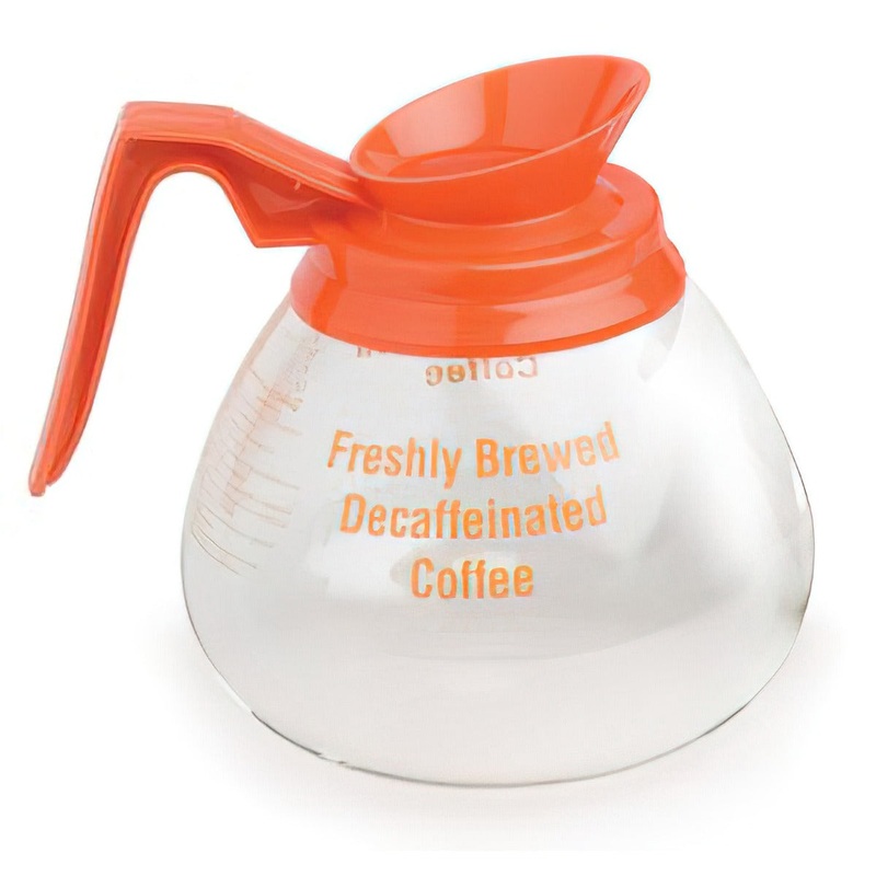 Royal Industries BLM 8901 Glass Decaf Coffee Pot / Decanter with Orange Handle 64 oz.
