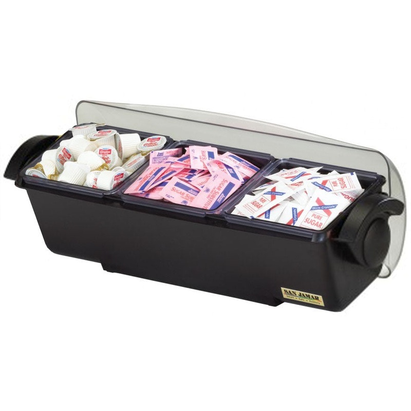 San Jamar BD4003 The Dome Plastic 3-Compartment Condiment Holder Bar - Black - (3) 2 qt. Inserts