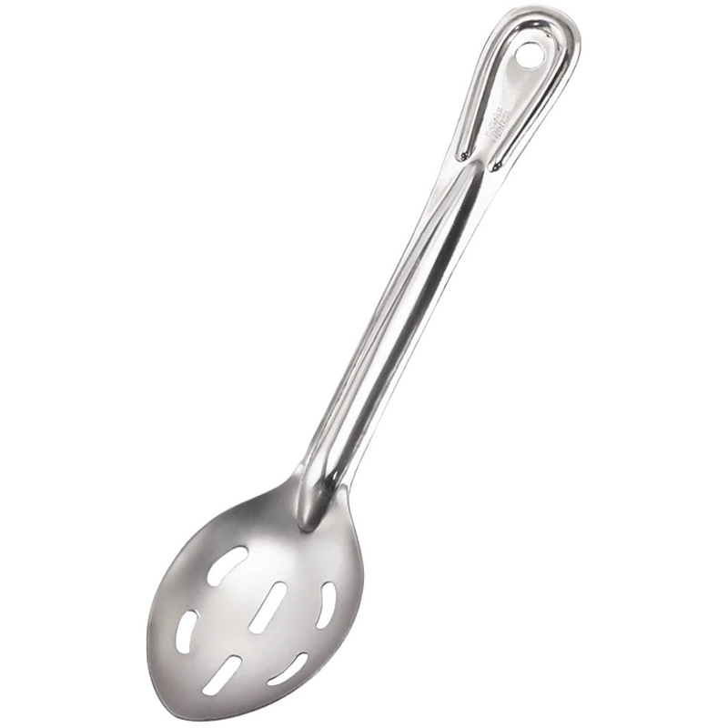 Browne 572113 Conventional Medium Gauge Stainless Steel Slotted Serving Spoon with Reinforced Grooved Handle 11"