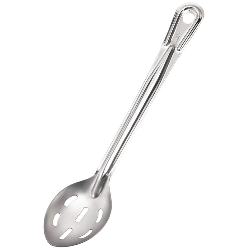 Browne 572133 Conventional Medium Gauge Stainless Steel Slotted Serving Spoon with Reinforced Grooved Handle 13"