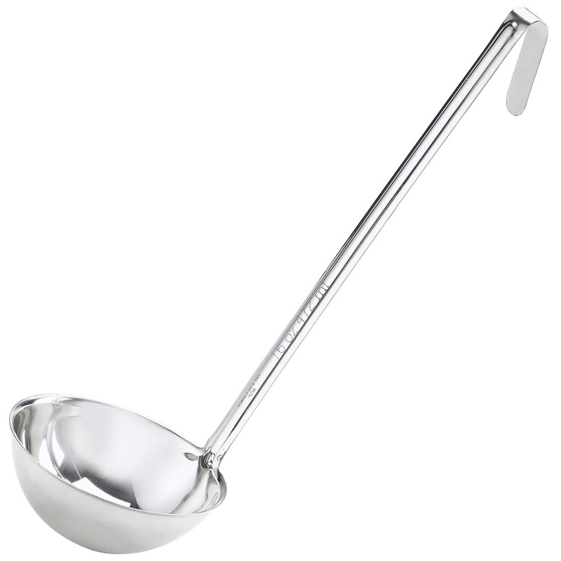 Browne 575716 Optima One-Piece Stainless Steel Ladle with 13" Grooved Hooked Handle 16 oz.