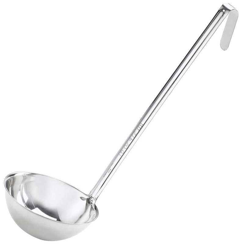 Browne 575724 Optima One-Piece Stainless Steel Ladle with 16" Grooved Hooked Handle 24 oz.