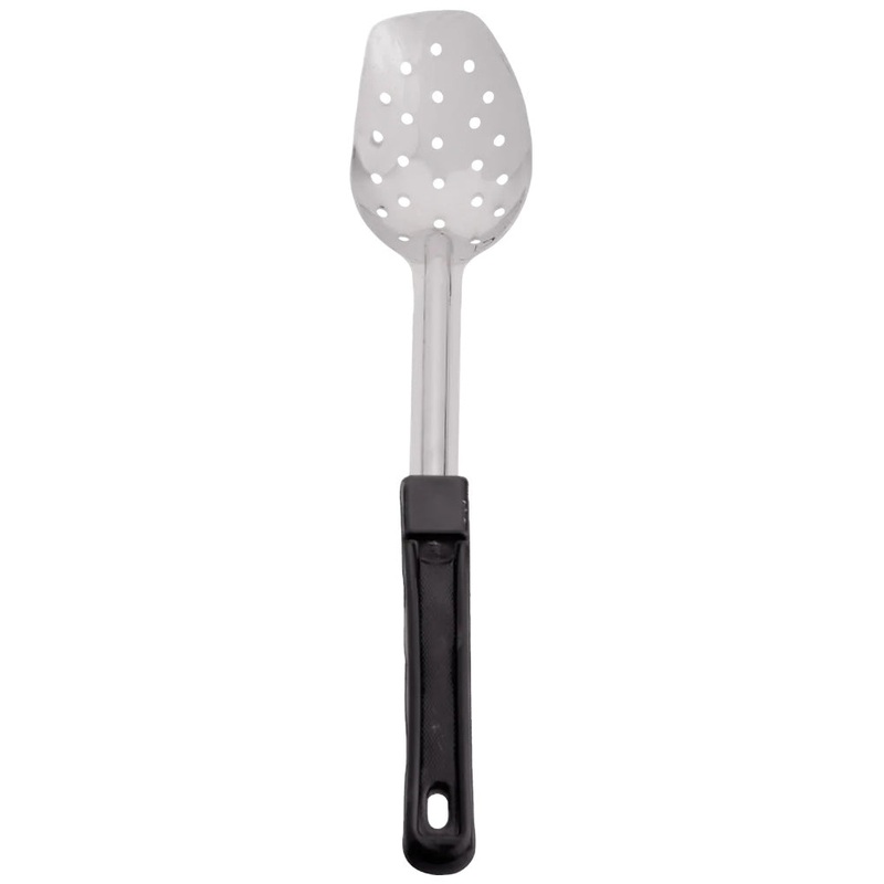 Browne 5763 Heavy Gauge Stainless Steel 3-Sided Perforated Serving Spoon with Black Plastic Handle 13"