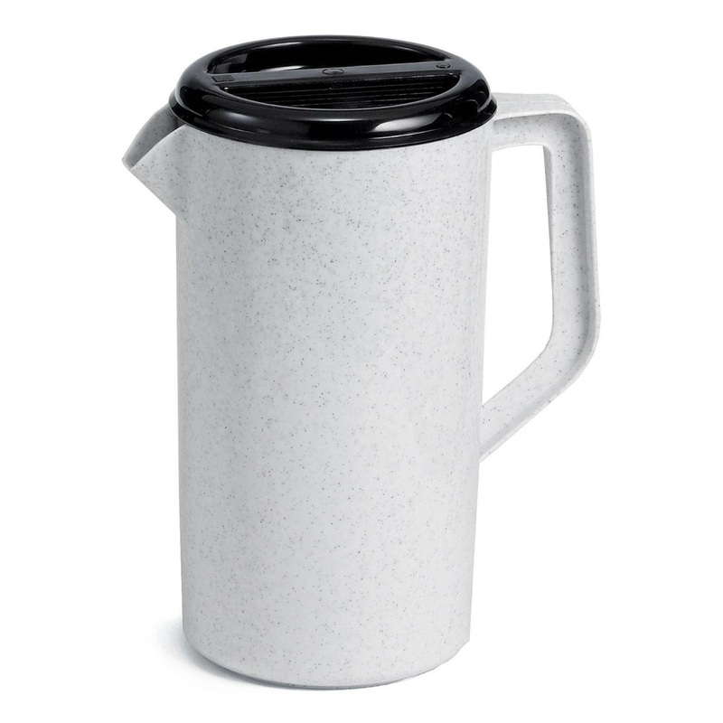 TableCraft 144GRT Economy Plastic Pitcher with 3-Way Sanitary Black Lid 2-1/2 qt. - Granite