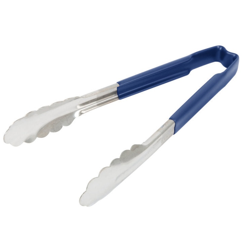 Vollrath 4780930 Jacob's Pride 1-Piece Stainless Steel Scalloped Utility Tongs with Color-Coded Kool-Touch Handle 9-1/2" - Blue