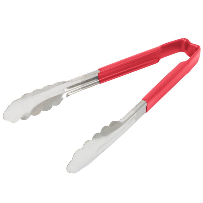 Vollrath 4780940 Jacob's Pride 1-Piece Stainless Steel Scalloped Utility Tongs with Color-Coded Kool-Touch Handle 9-1/2" - Red