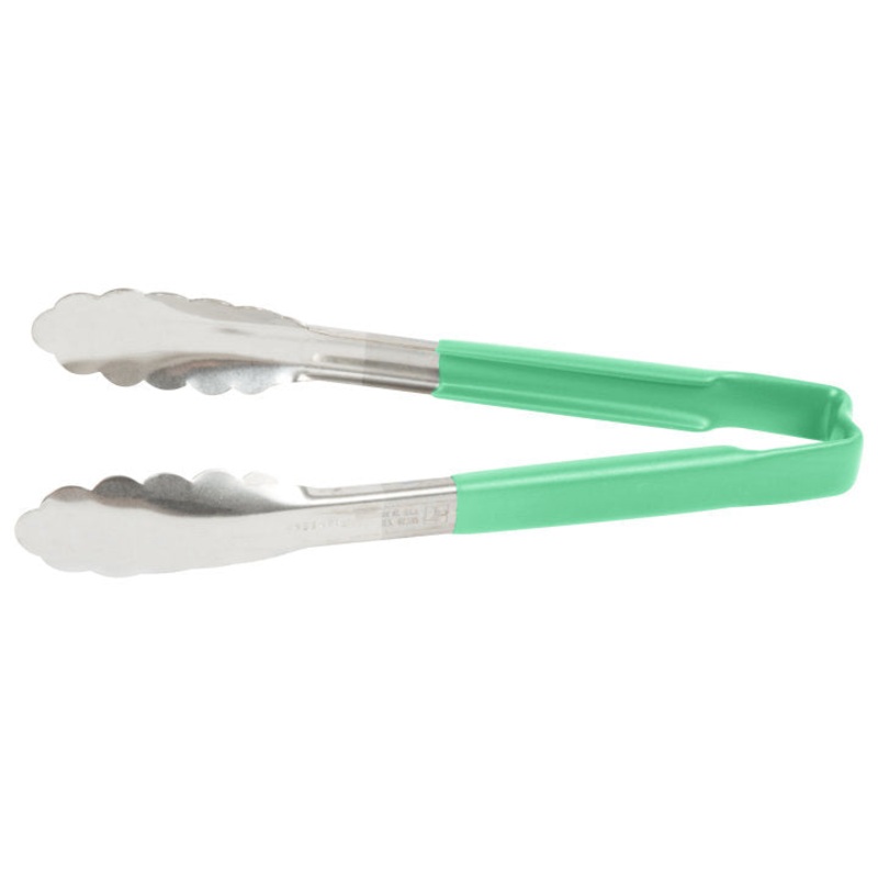 Vollrath 4780970 Jacob's Pride 1-Piece Stainless Steel Scalloped Utility Tongs with Color-Coded Kool-Touch Handle 9-1/2" - Green