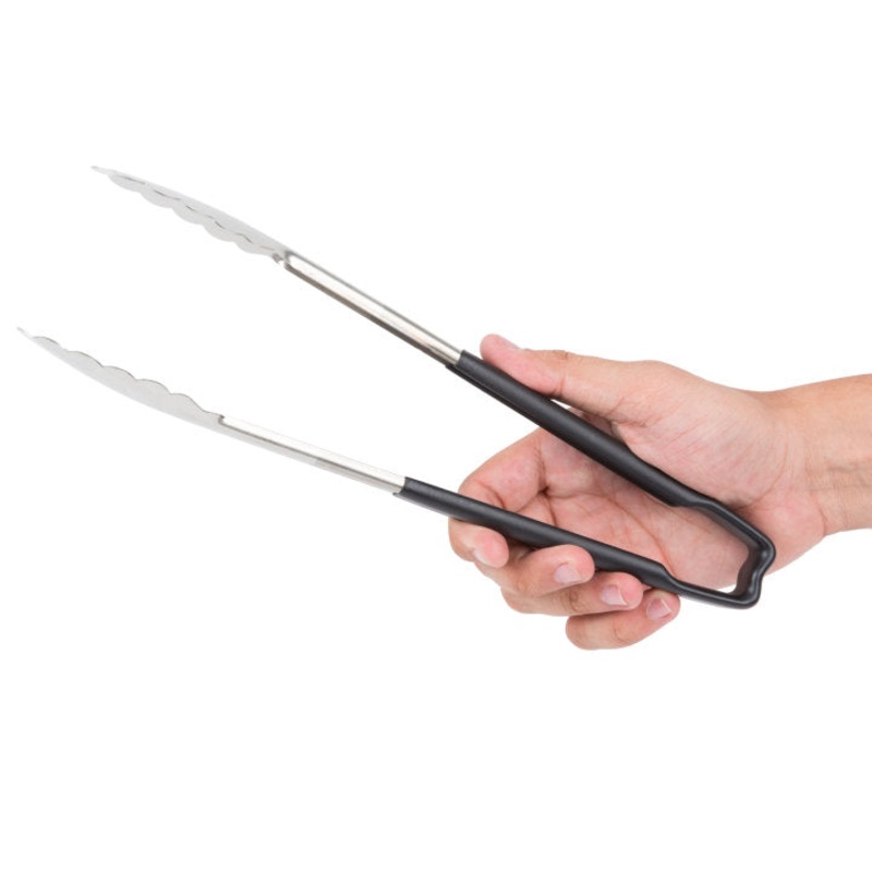 Vollrath 4781220 Jacob's Pride 1-Piece Stainless Steel Scalloped Utility Tongs with Color-Coded Kool-Touch Handle 12" - Black