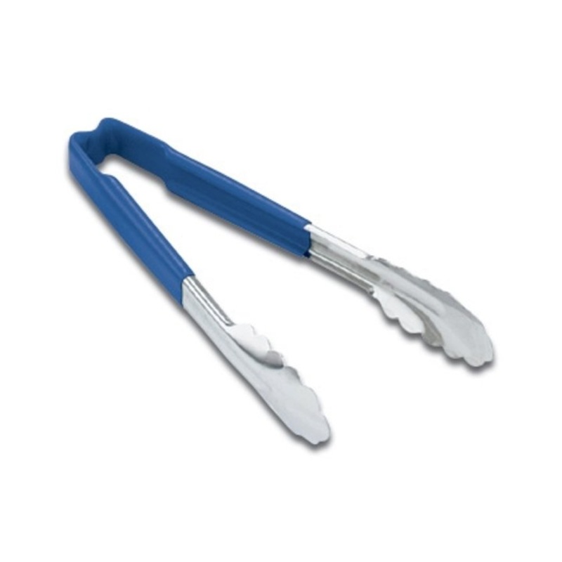 Vollrath 4781230 Jacob's Pride 1-Piece Stainless Steel Scalloped Utility Tongs with Color-Coded Kool-Touch Handle 12" - Blue