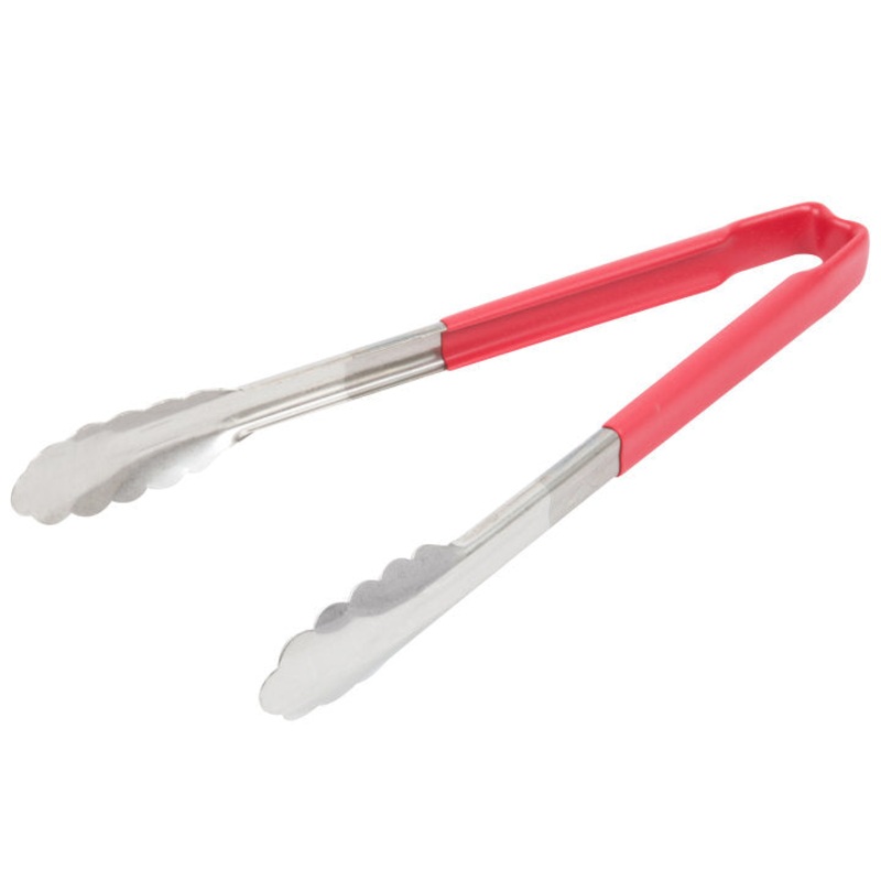 Vollrath 4781240 Jacob's Pride 1-Piece Stainless Steel Scalloped Utility Tongs with Color-Coded Kool-Touch Handle 12" - Red