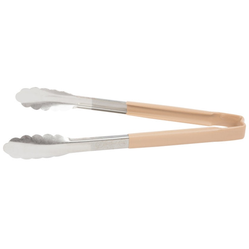 Vollrath 4781260 Jacob's Pride 1-Piece Stainless Steel Scalloped Utility Tongs with Color-Coded Kool-Touch Handle 12" - Tan