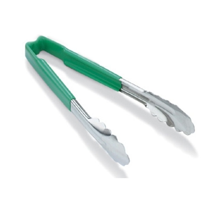 Vollrath 4781270 Jacob's Pride 1-Piece Stainless Steel Scalloped Utility Tongs with Color-Coded Kool-Touch Handle 12" - Green