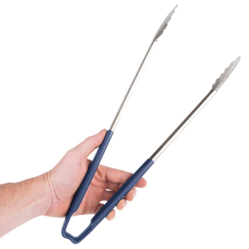 Vollrath 4781630 Jacob's Pride 1-Piece Stainless Steel Scalloped Utility Tongs with Color-Coded Kool-Touch Handle 16" - Blue
