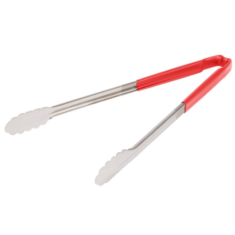 Vollrath 4781640 Jacob's Pride 1-Piece Stainless Steel Scalloped Utility Tongs with Color-Coded Kool-Touch Handle 16" - Red