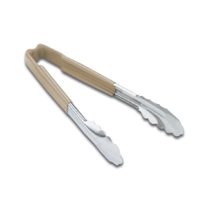 Vollrath 4781660 Jacob's Pride 1-Piece Stainless Steel Scalloped Utility Tongs with Color-Coded Kool-Touch Handle 16" - Tan