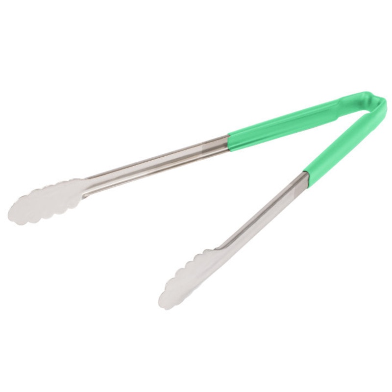 Vollrath 4781670 Jacob's Pride 1-Piece Stainless Steel Scalloped Utility Tongs with Color-Coded Kool-Touch Handle 16" - Green