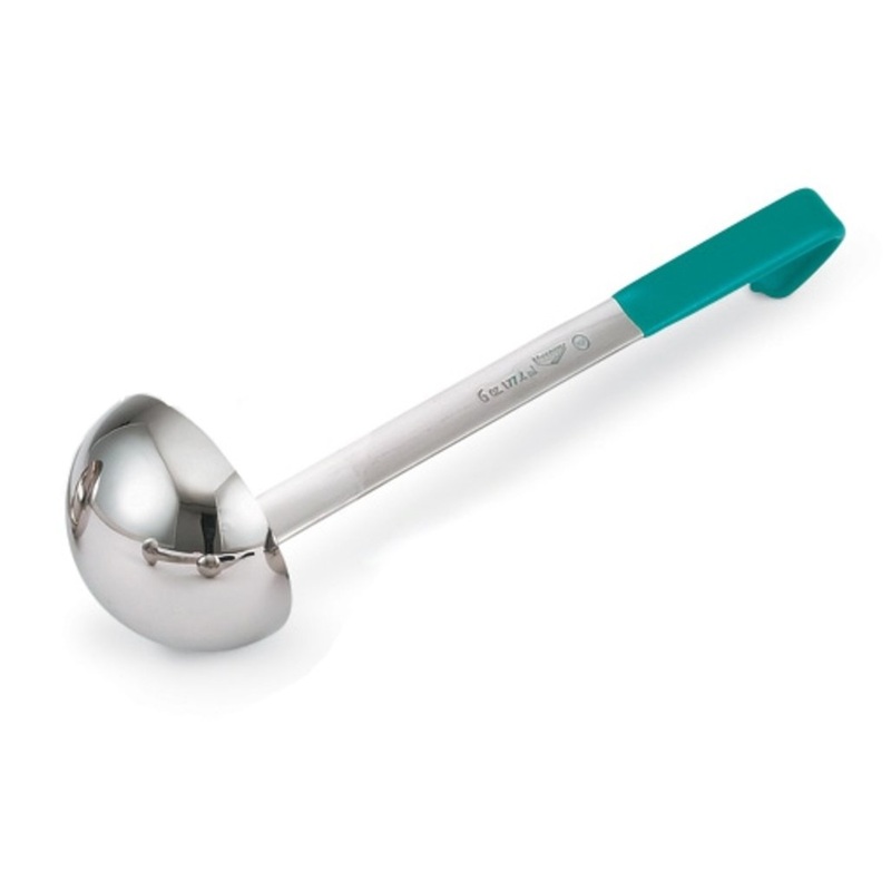 Vollrath 4980655 Jacob's Pride One-Piece Heavy-Duty Stainless Steel Ladle with 12-3/8" Teal Kool-Touch Grooved Hooked Handle 6 oz.