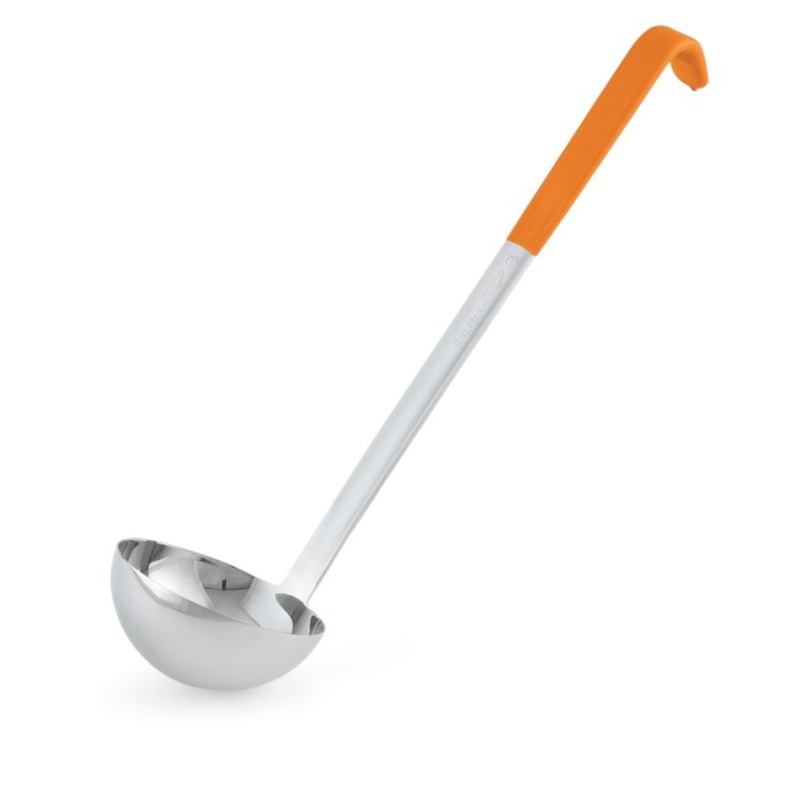 Vollrath 4980865 Jacob's Pride One-Piece Heavy-Duty Stainless Steel Ladle with 12-3/8" Orange Kool-Touch Grooved Hooked Handle 8 oz.