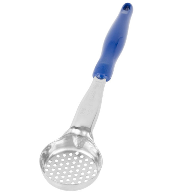 Vollrath 6432230 Jacob's Pride Color-Coded One-Piece Heavy-Duty Stainless Steel Perforated Round Spoodle Food Portioner with Blue Nylon Handle 2 oz.