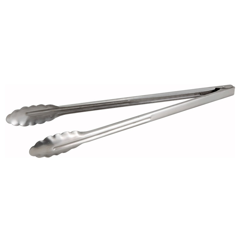 Winco UT-16HT Coiled Spring Extra Heavy-Weight Stainless Steel Scalloped Utility Tongs 16"