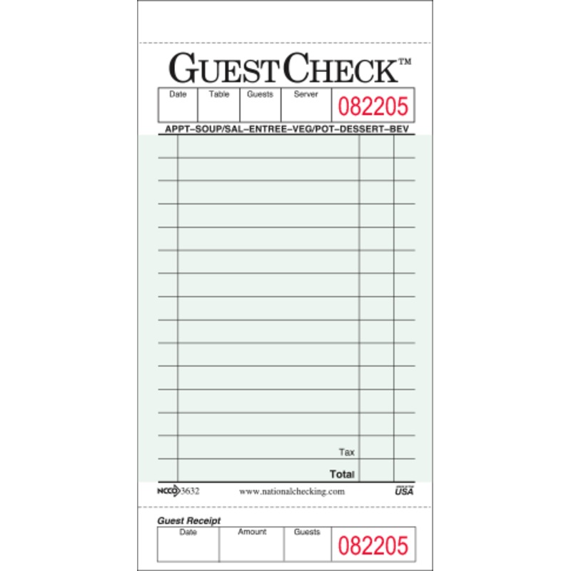 412447 GT363 Carbonless Guest Check Pad with 16 Lines and Receipt Stub -  Green - 50 Pages