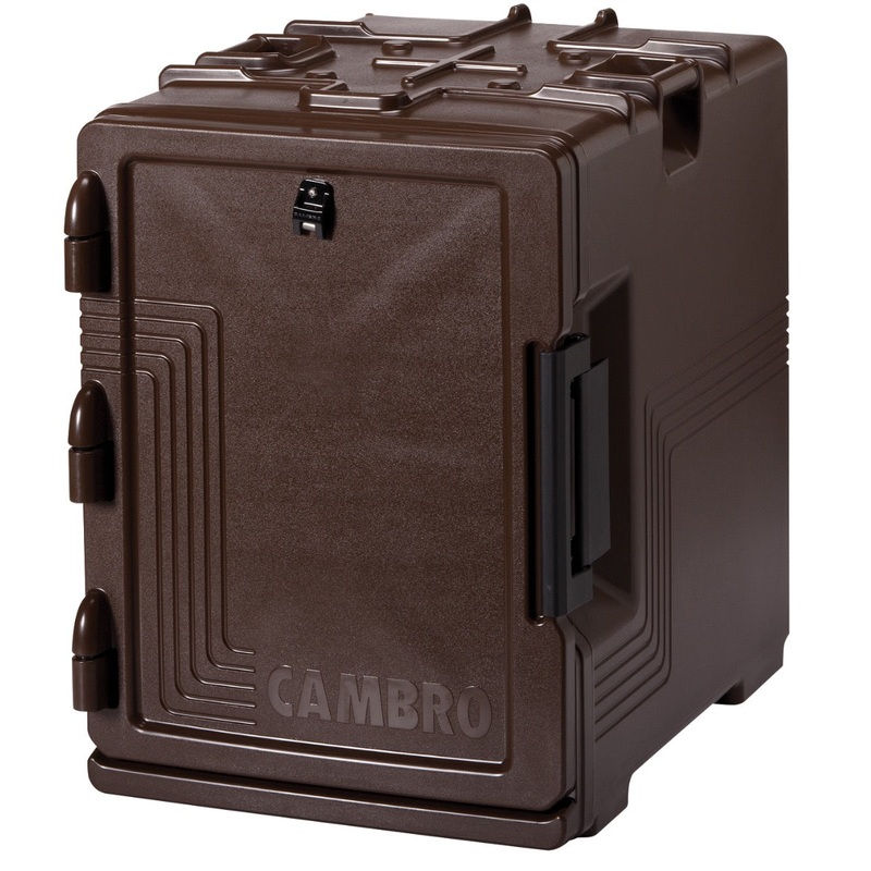 Cambro UPCS400131 Ultra Pan Carrier S-Series Front Loading Insulated Food Pan Carrier with Menu Clip  18" 60 qt. - Dark Brown - (6) Full Size 2-1/2" Deep Pan Capacity