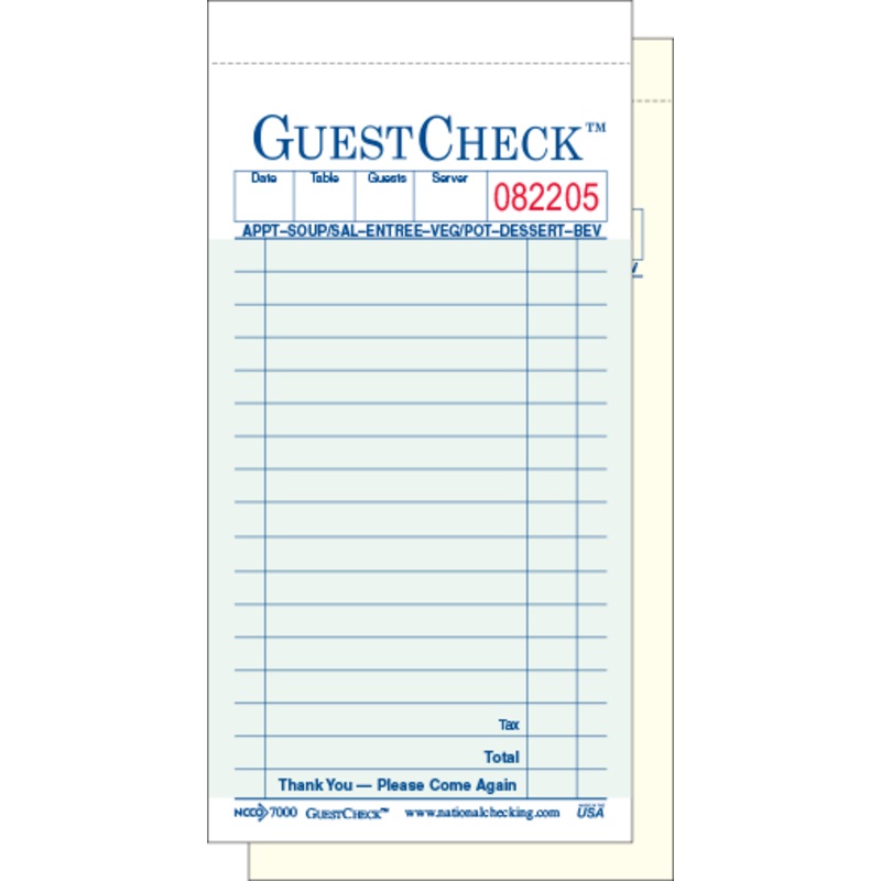 GT7000 Guest Check Pad 50 per Book Carbonless - Green