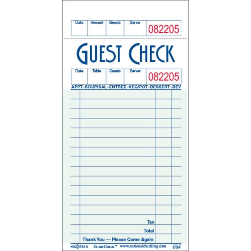 NCCO GT3616 Carbonless Medium Single Copy Paper Guest Checks - 100 per book