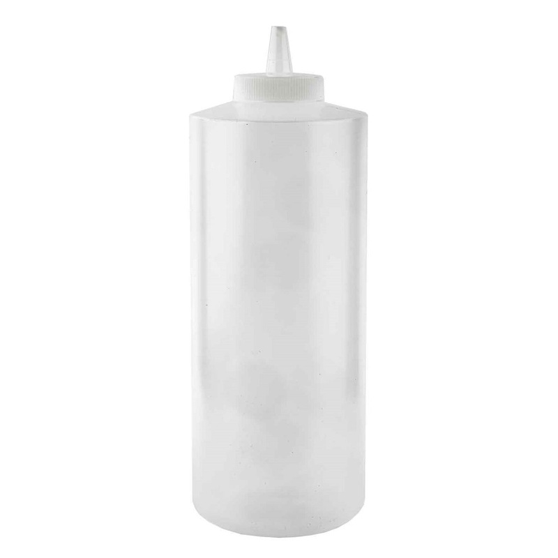 TableCraft 233C Polyethylene Squeeze Bottle with Natural Wide Cone Tip and 38 mm Opening 32 oz. - Clear