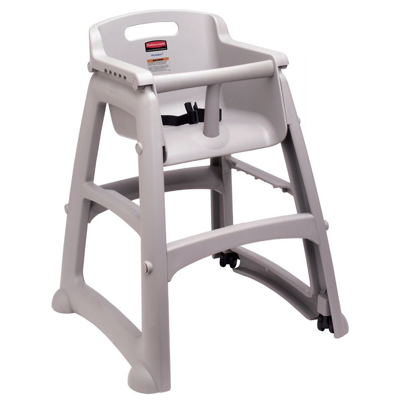 Rubbermaid FG780608PLAT Sturdy Chair Stackable Plastic High Chair / Youth Seat with Waist Strap & w/o Wheels - Platinum - Assembled