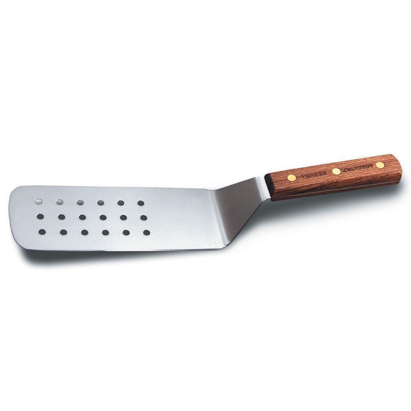 Dexter-Russell PS8698PCP Traditional Round Corner Perforated Turner with Rosewood Handle 8" x 3"