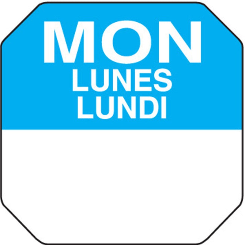 Ecolab Daydots 10107-01-31 SupeRemovable Labels, Monday (E/S/F) 1" - Blue / White - Roll of 1,000