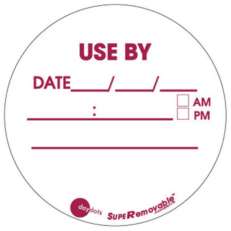 Ecolab Daydots 10704-01-11 SupeRemovable Labels, "Use By" Date/Time (English) 3" - White - Roll of 500
