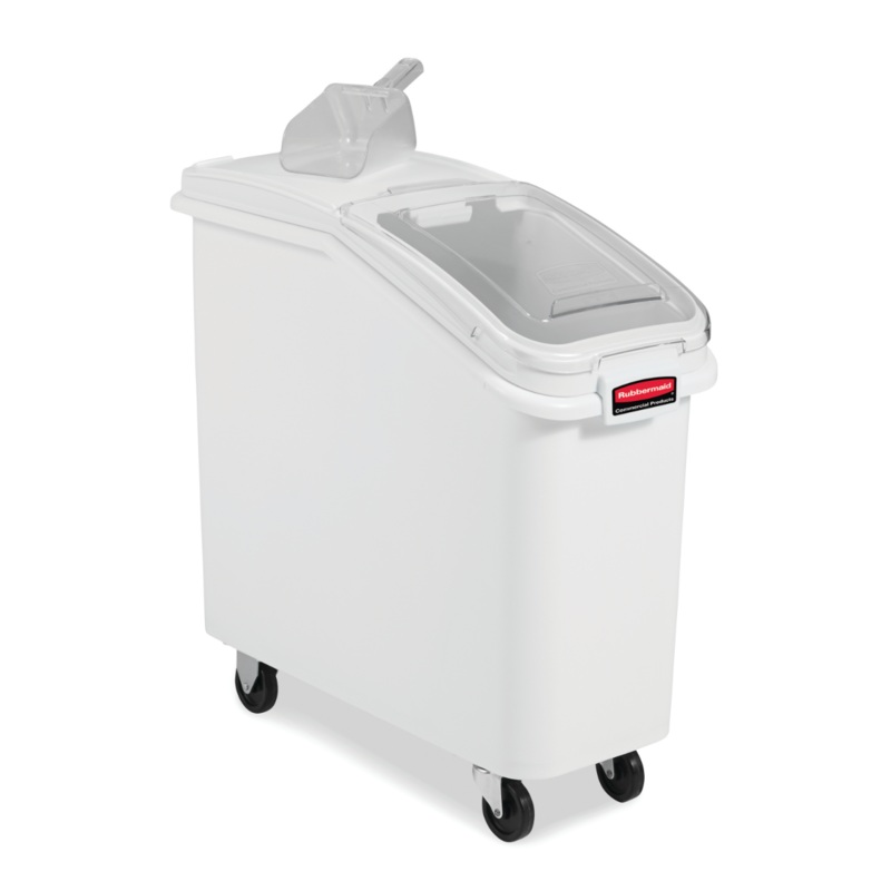 Rubbermaid FG360088WHT ProSave Mobile Slant Front Ingredient Bin with Sliding Hinged Lid & 32 oz Scoop - 400 cup/cap