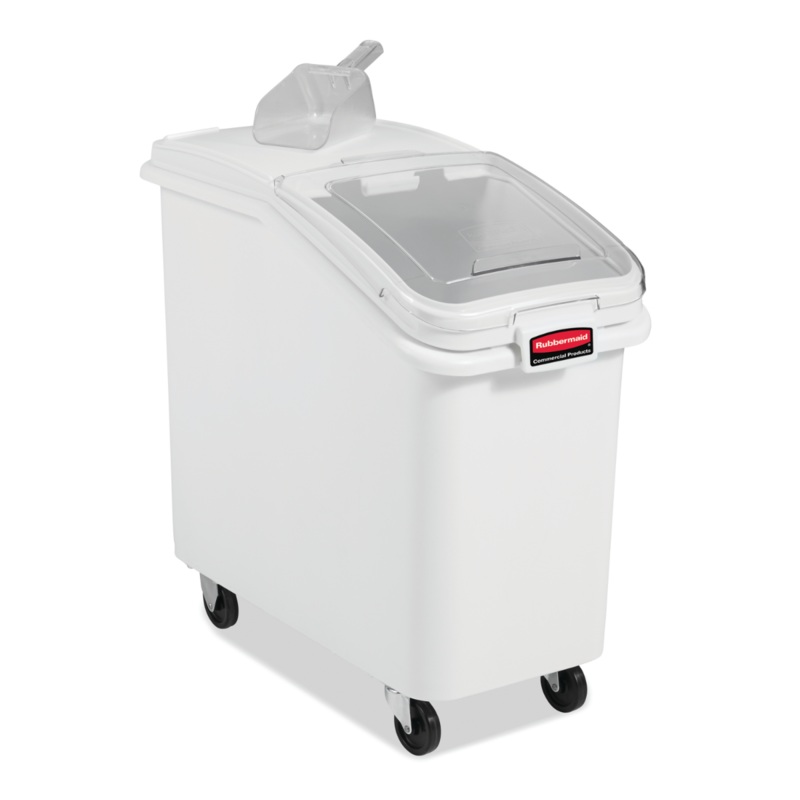 Rubbermaid FG360288WHT ProSave Mobile Slant Front Ingredient Bin with Sliding Hinged Lid & 32 oz Scoop - 500 cup/cap