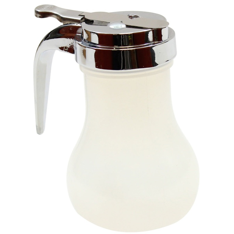 TableCraft PP410CP Teardrop Polypropylene Syrup Dispenser with Chrome Plated ABS Top 10 oz. - Translucent