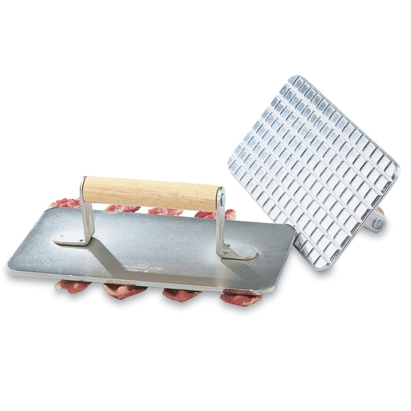 Vollrath 47708 Chrome Plated Steel Grid-Bottom Steak Weight with Wood Handle 9" x 4-1/2"