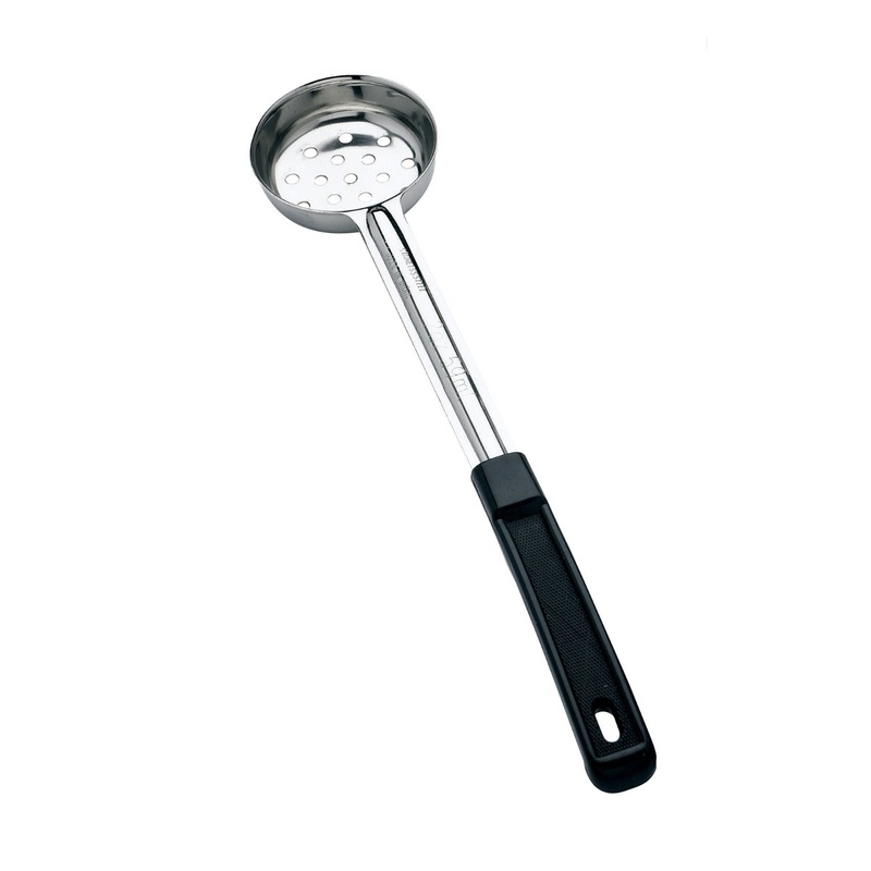 Browne 5757221 One-Piece Stainless Steel Perforated Round Food Portioner with Black Plastic Handle 2 oz.