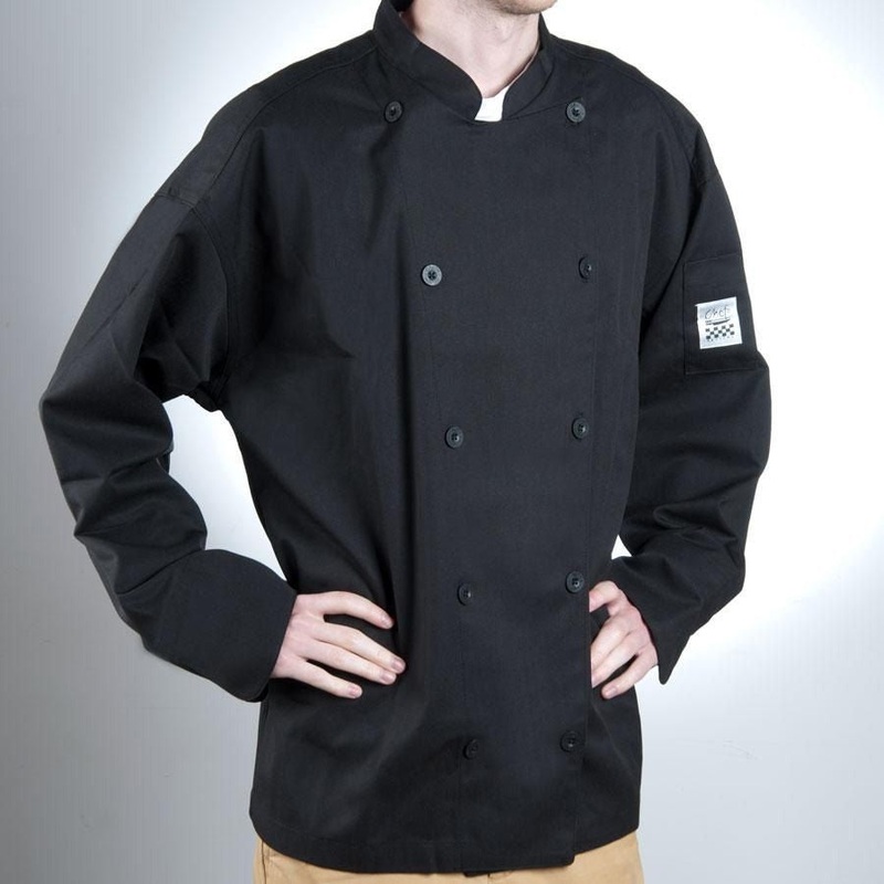 Chef Revival J061BK-2X Unisex Long Sleeve Double-Breasted Chef's Jacket with Logo Buttons - Black / 2X-Large