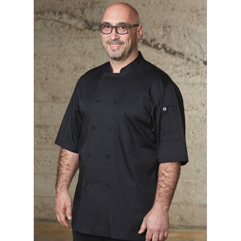 Chef Works JLCVBLK2XL Unisex Montreal Cool Vent Short Sleeve Double-Breasted Chef Coat with Cloth Covered Buttons - Black / 2X-Large