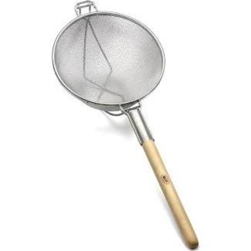 TableCraft 1023 Reinforced Tin Medium Double Mesh Strainer with Flat Wooden Handle 11-3/4"