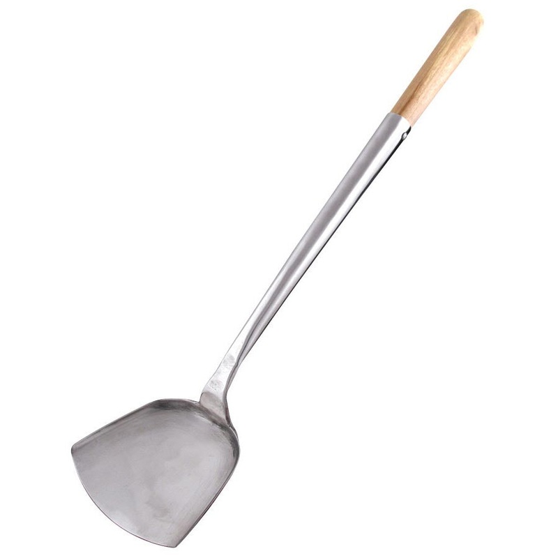 Town 33942 Medium Hand Hammered Stainless Steel Wok Shovel / Spatula 4" x 4-1/2" with 16" Wood Handle