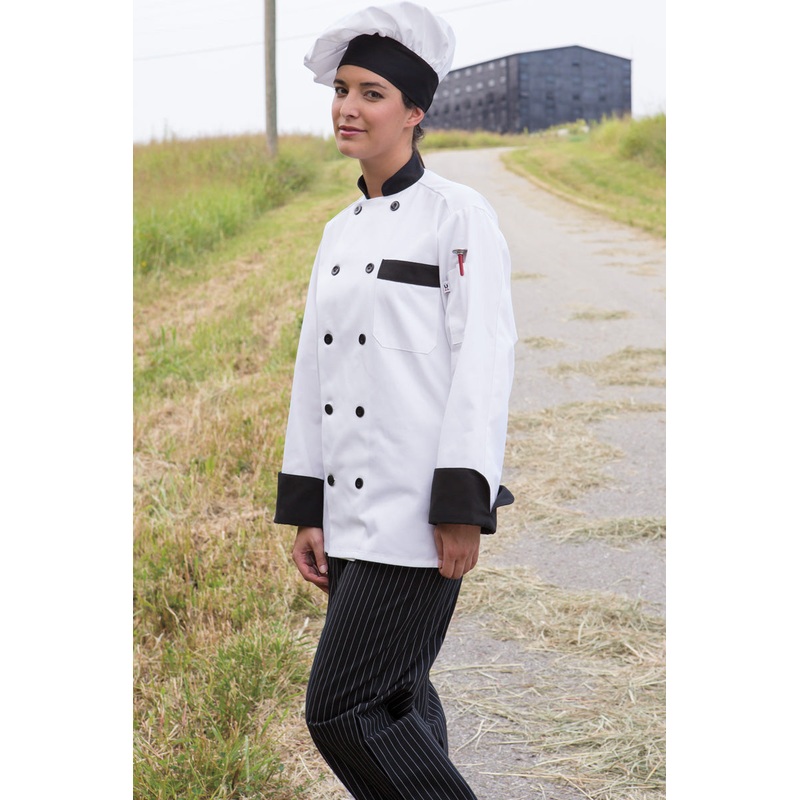 Uncommon Threads 0404-4504 Unisex Newport Long Sleeve Double-Breasted Chef Coat with Black Buttons - White with Black Trim / Large