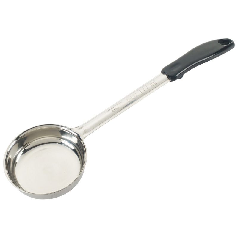 Winco FPS-6 One-Piece Stainless Steel Solid Round Food Portioner with Black Handle 6 oz.