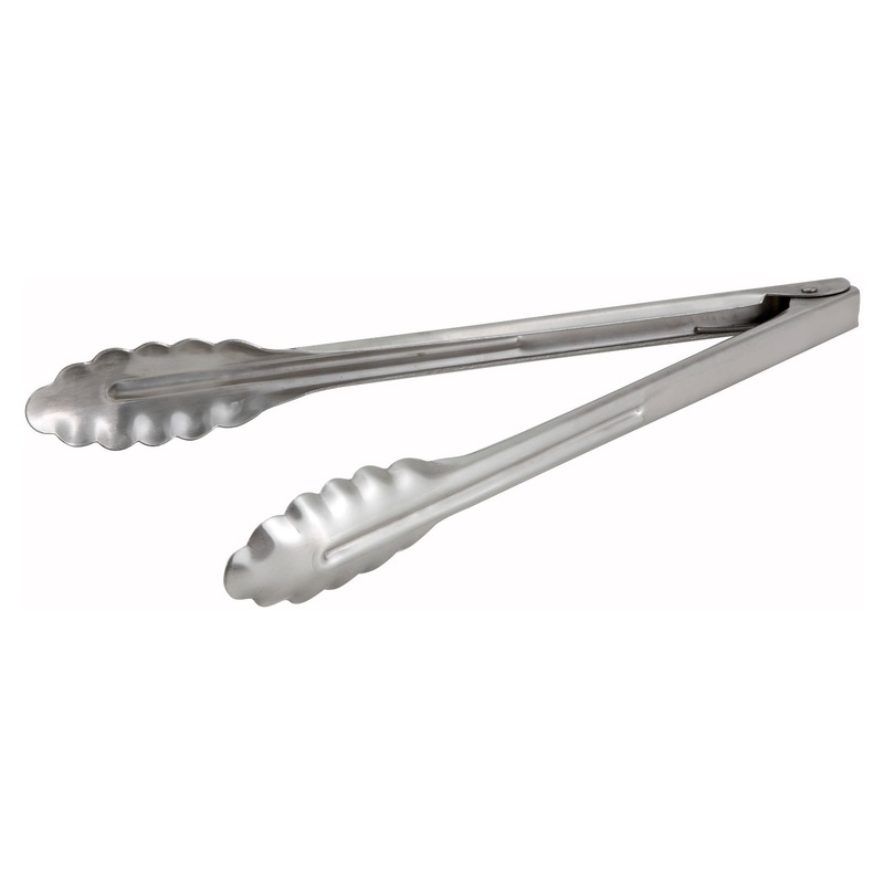Winco UT-12HT Coiled Spring Extra Heavy-Weight Stainless Steel Scalloped Utility Tongs 12"
