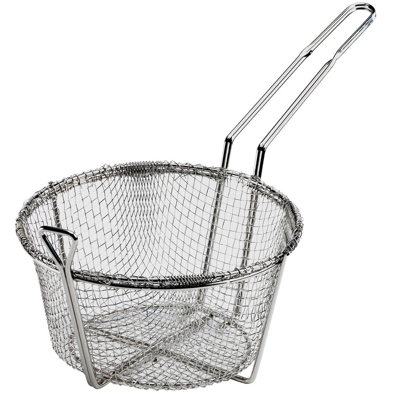 Browne 79100 Nickle-Plated Wire Medium Mesh Round Fry Basket with Uncoated Handle & Front Hook 9-1/2" Dia.