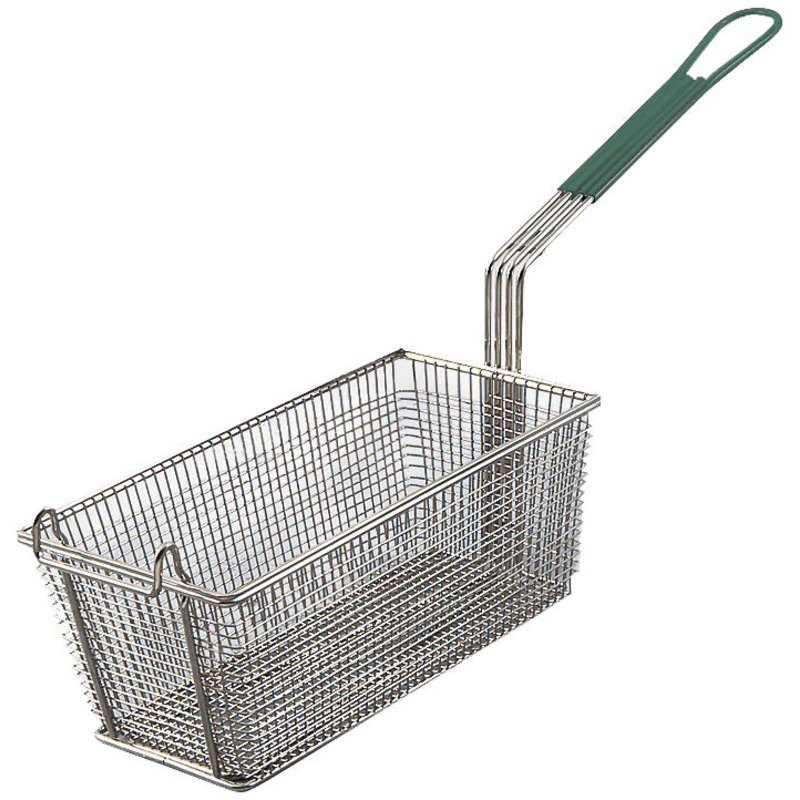 Browne 79213 Nickle-Plated Wire Rectangular Fryer Basket with Green Plastic Coated Handle & Front Hook 12-1/2" x 6-1/4" x 5-1/4"H