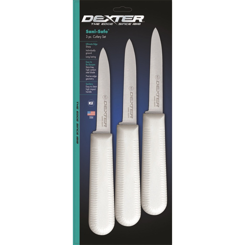 Dexter-Russell S104-3PCP Sani-Safe Cook's Style Paring Knife with White Poly Handle 3-1/4" - 3/pk