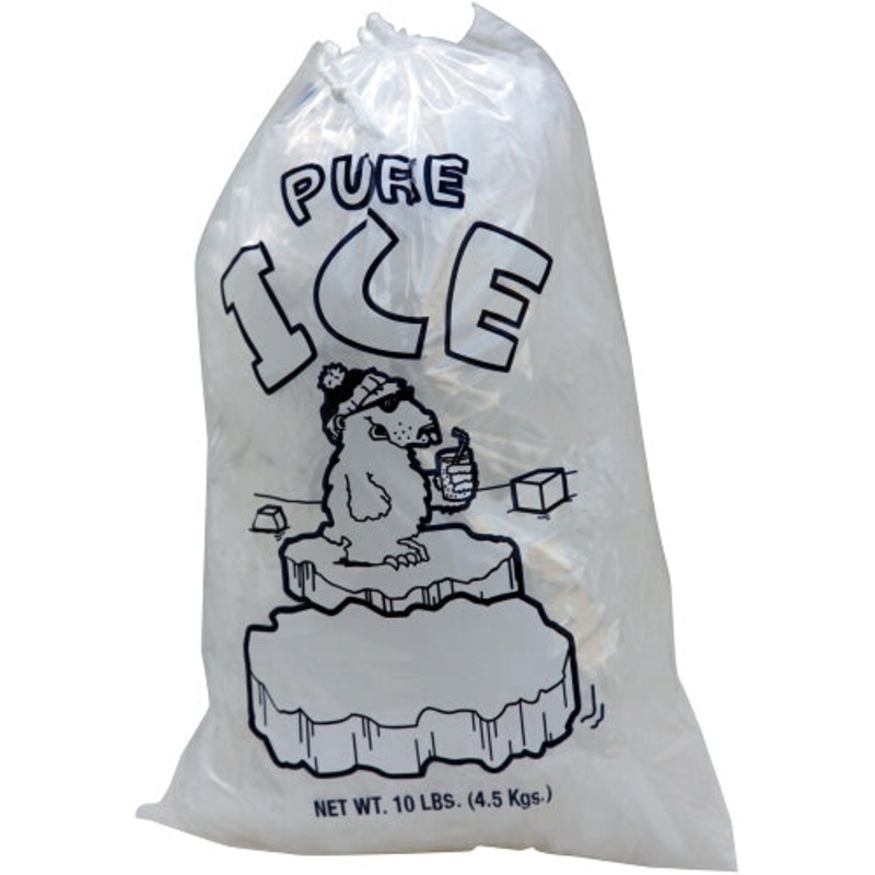 I102 Disposable Plastic Ice Bag with Print & Drawstring 10 lb. - 500/Case