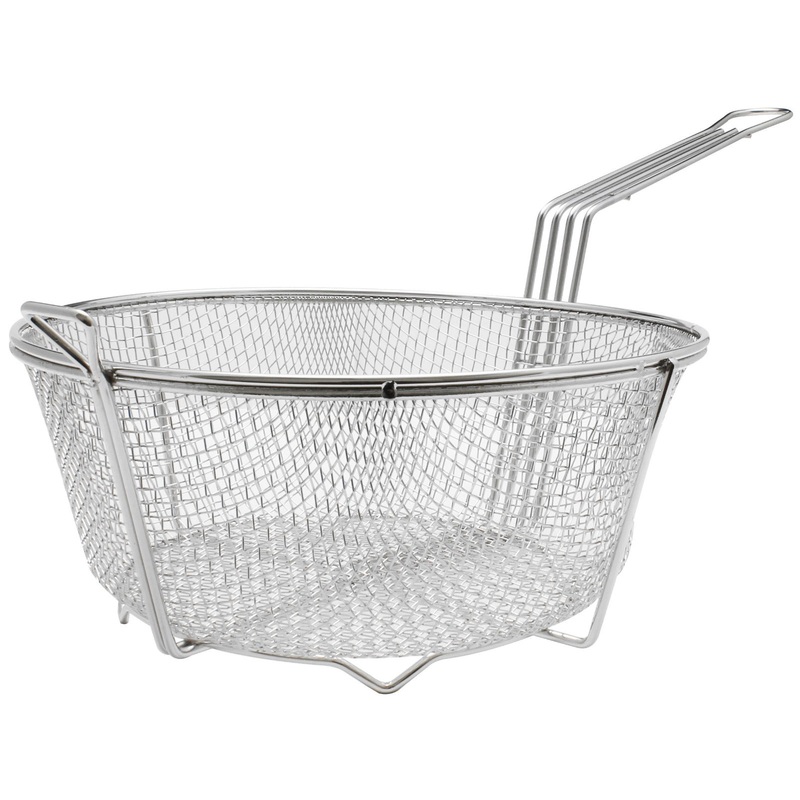 Thunder Group SLFB006 Nickle-Plated Wire Medium Mesh Round Fry Basket with Uncoated Handle & Front Hook 13" Dia.